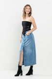 Women Super Long Comfort Button-Up Maxi Denim Skirt With Pockets