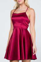 Satin like fit and flare dress with back crisscross spaghetti cocktail dress