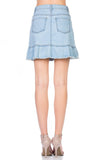 High Waisted A-line Ruffle Hem Denim Skirt