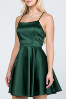 Satin like fit and flare dress with back crisscross spaghetti cocktail dress