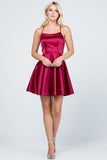 Satin like fit and flare dress with back crisscross spaghetti cocktail dress