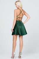 Satin like fit and flare dress with back crisscross spaghetti cocktail dress