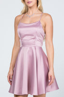 Satin like fit and flare dress with back crisscross spaghetti cocktail dress