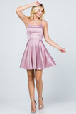 Satin like fit and flare dress with back crisscross spaghetti cocktail dress