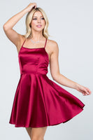 Satin like fit and flare dress with back crisscross spaghetti cocktail dress