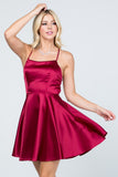 Satin like fit and flare dress with back crisscross spaghetti cocktail dress