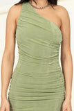 Slinky One Shoulder Ruched Asymmetric Hem Dress