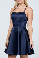 Satin like fit and flare dress with back crisscross spaghetti cocktail dress