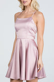 Satin like fit and flare dress with back crisscross spaghetti cocktail dress