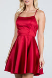 Satin like fit and flare dress with back crisscross spaghetti cocktail dress