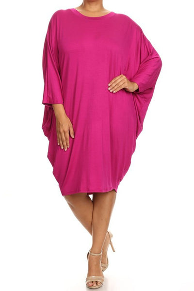 Plus Size Solid 3/4 sleeve short midi dress