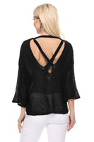 Open Back Sheer Batwing Sleeve Stretch Knit Top