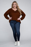 Plus Size Brushed Waffle V-Neck Button Detail Sweater