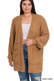 Plus Puff Sleeve Popcorn Cardigan With Pockets