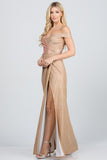 Off the shoulder glittery jacquard gathered gown