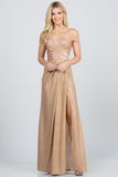 Off the shoulder glittery jacquard gathered gown