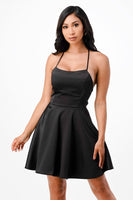 Satin like fit and flare dress with back crisscross spaghetti cocktail dress