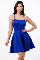 Satin like fit and flare dress with back crisscross spaghetti cocktail dress