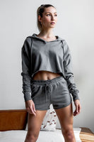 Grey Raw Edges Cropped Hoodie and Bottom Sets