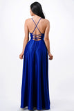 open side back spaghetti zig zag tie satin gown