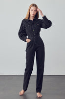 High Waist Flap Pocket Half Button Denim Jumpsuit