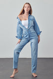 High Waist Flap Pocket Half Button Denim Jumpsuit