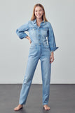 High Waist Flap Pocket Half Button Denim Jumpsuit