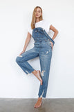 High Waist Ripped Straight Denim Overall Jumpsuit