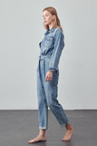 Belted Collared Button Front Denim Jumpsuit