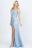 Off the shoulder glittery jacquard gathered gown