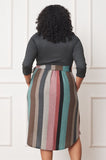 Plus Size Quarter Sleeve, Stripe Sash Midi Dress