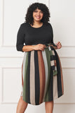 Plus Size Quarter Sleeve, Stripe Sash Midi Dress