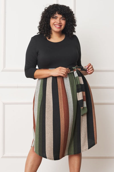 Plus Size Quarter Sleeve, Stripe Sash Midi Dress