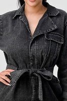 BLACK WASHED DENIM TIE DETAIL JUMPSUIT