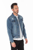 Men's Medium Blue Denim Jacket with Distressed