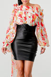 FLORAL LEATHER MINI DRESS