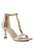 Real Gem T Strap Chain Detail Mid Heel Sandals