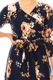 Floral print, faux wrap dress with deep V-neck