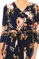 Floral print, faux wrap dress with deep V-neck