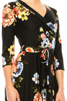 Floral print, faux wrap dress with deep V-neck