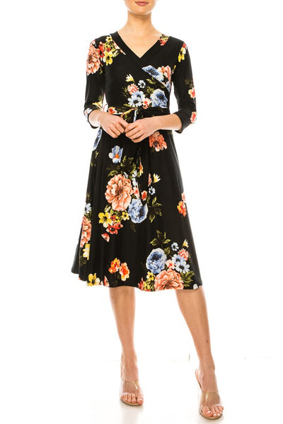 Floral print, faux wrap dress with deep V-neck