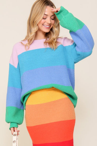 Bold Rainbow Stripe Oversized Chunky Knit Pullover (Matching skirt - WS8535)