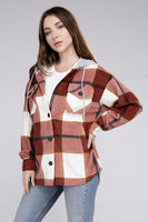 Plaid Drawstring Hooded Fleece Shacket