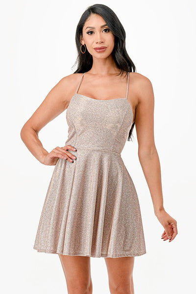 Glittered fit and flare dress with back crisscross spaghetti