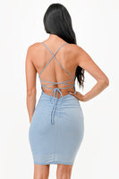 Glittered Back lace up short dress with waist shirring