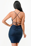 Glittered Back lace up short dress with waist shirring