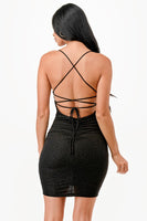 Glittered Back lace up short dress with waist shirring