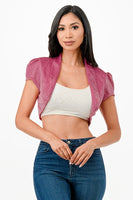 Sparkling Jacquard cropped shrug bolero with open front and cap sleeves