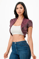 Sparkling Jacquard cropped shrug bolero with open front and cap sleeves