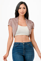 Sparkling Jacquard cropped shrug bolero with open front and cap sleeves